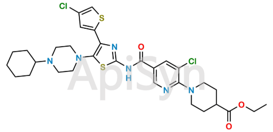 Picture of Ethyl 1-[3-chloro-5-[[[4-(4-chloro-2-thienyl)-5-(4-cyclohexyl-1-piperazinyl)-2-thiazolyl]amino]carbonyl]-2-pyridinyl]-4-pipridinecarboxylat